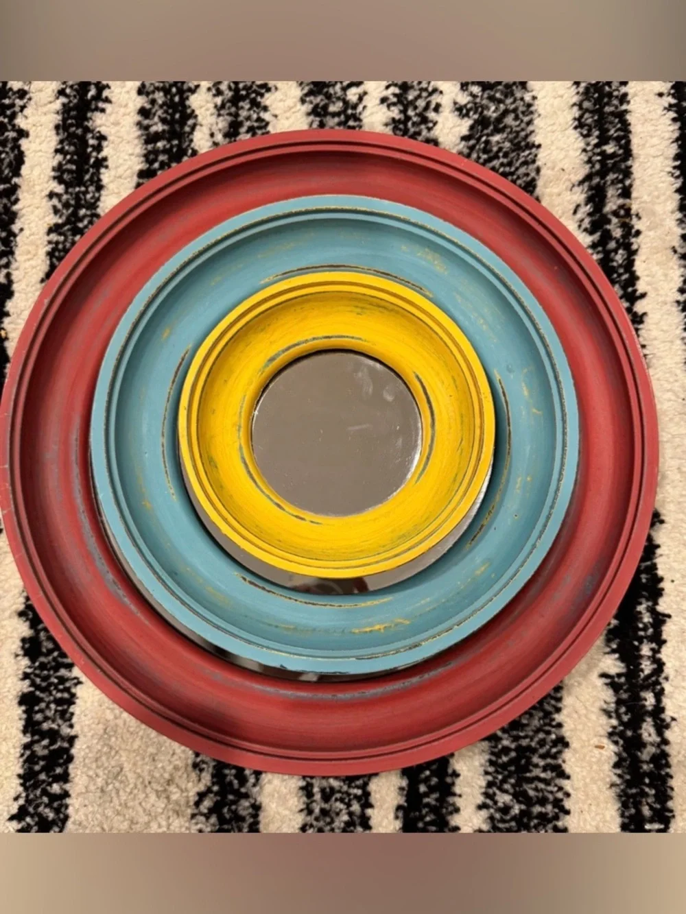 Set of Three Rustic Round Wall Mirrors in Red, Blue & Yellow